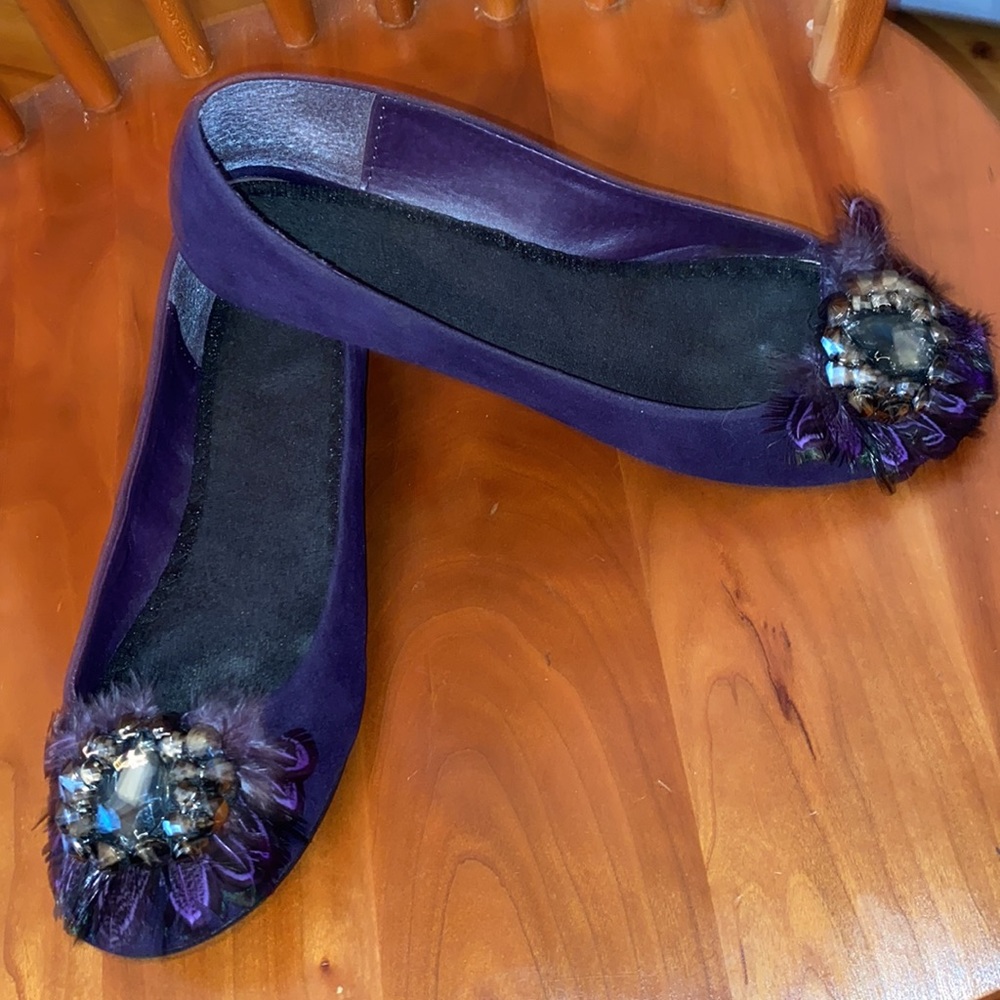 Aldo Ballet Flats Shoe Cunningham Purple Rhinestones Gem Feathers Faux Suede 8 - Picture 8 of 8